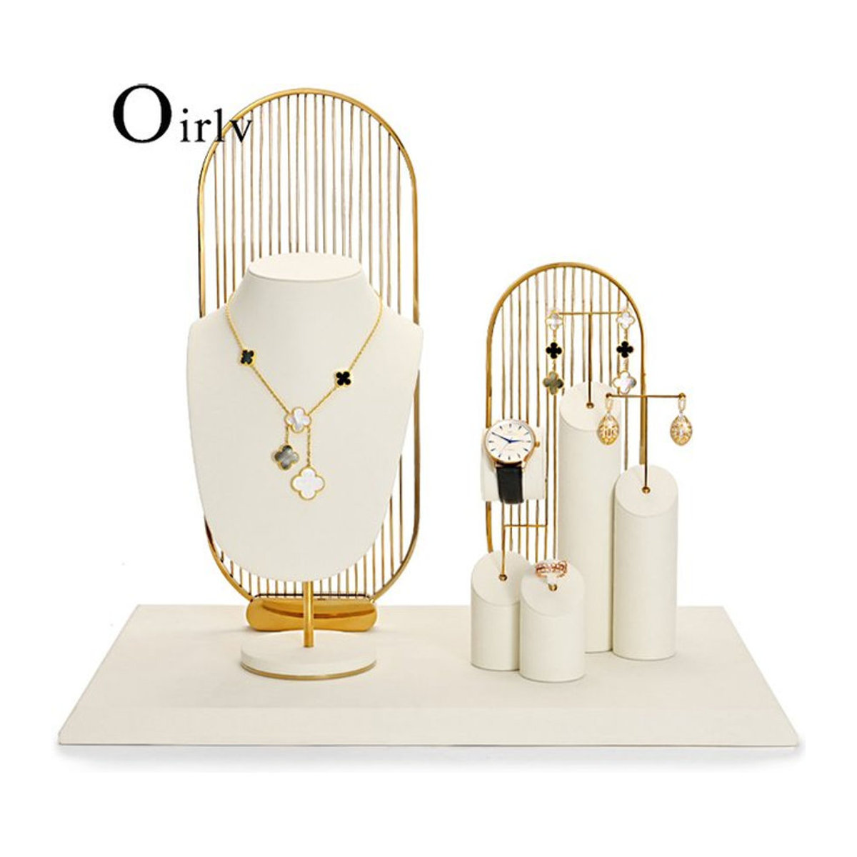 Oirlv Schmuck Display Set in Beige und Weiß aus Mikrofasern mit Metallhintergrund zur Präsentation von Uhren, Halsketten, Ringen und Ohrringen - Bild 1