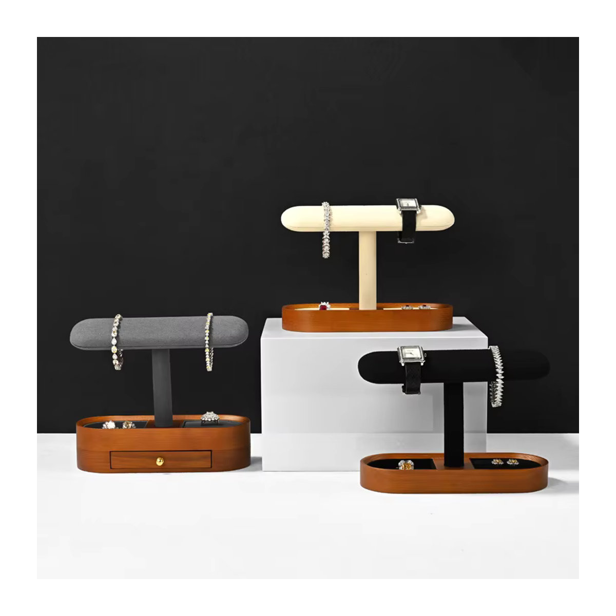 Oirlv Schmuck-Organizer aus Holz für Uhren, Halsketten, Armbänder und Ringe in Braun und Grau - Bild 1