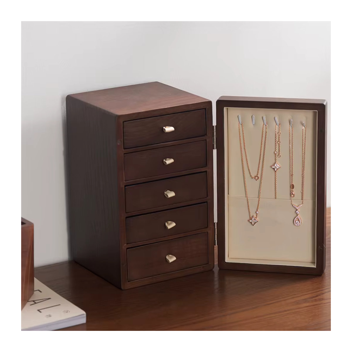 Oirlv Schmuck-Organizer aus Holz in Grau für Schreibtisch und Tisch, mehrschichtige magnetische Schmuckbox zur Aufbewahrung von Ringen und Armbändern - Bild 2