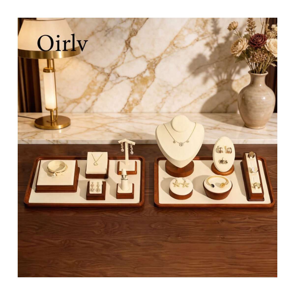 Oirlv Schmuck Organizer aus Massivholz in Braun als Rechteckiges Schmucktablett und Display-Set für Armbänder, Ringe und Halsketten - Bild 1