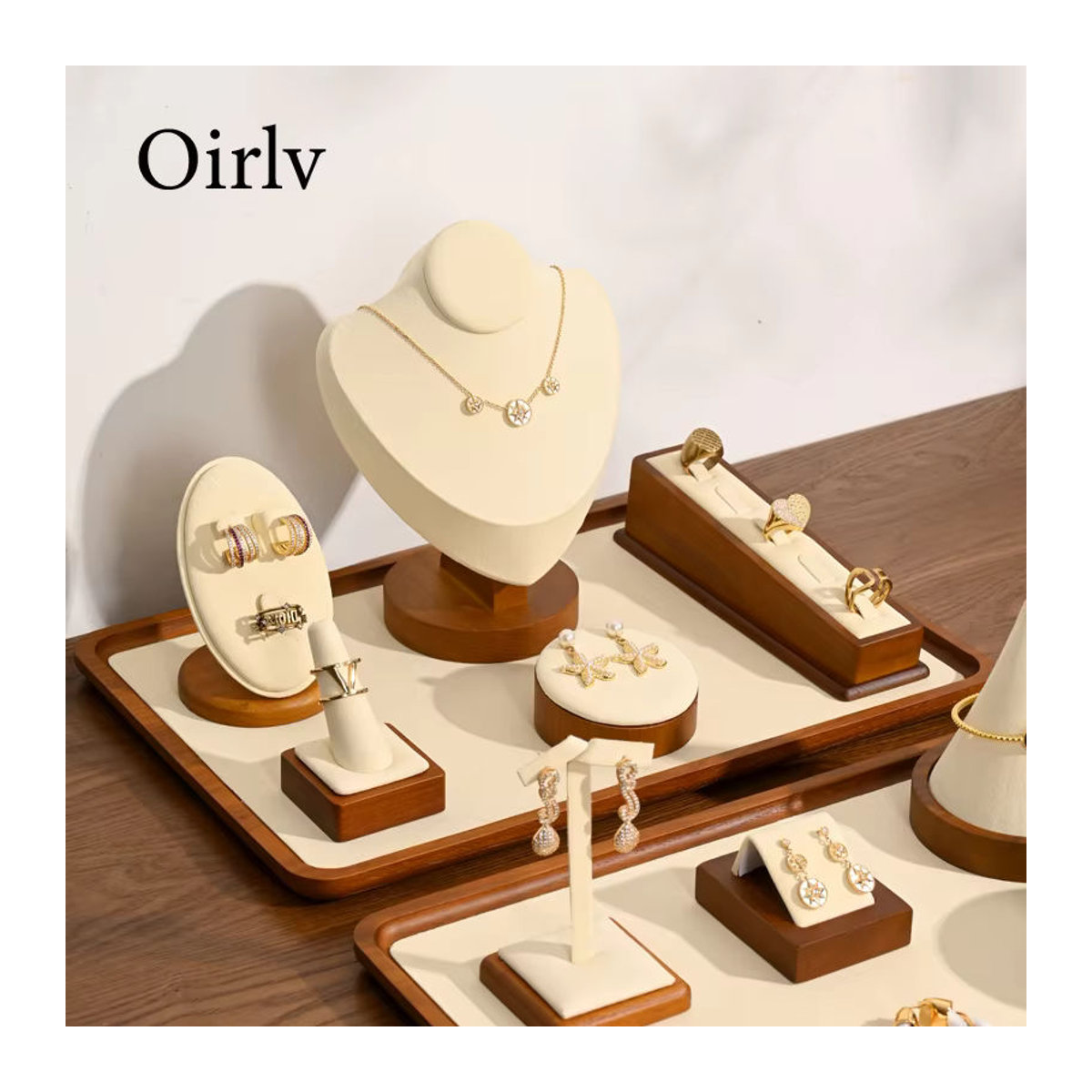 Oirlv Schmuck Organizer aus Massivholz in Braun als Rechteckiges Schmucktablett und Display-Set für Armbänder, Ringe und Halsketten - Bild 2