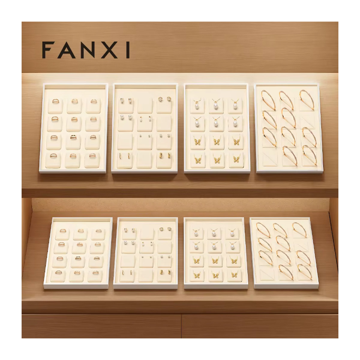 Oirlv Schmuck-Organizer-Tablett aus Samt mit 12 Fächern in Creme, stapelbares Schmuck-Display für Ringe, Ohrringe und Halsketten - Bild 3