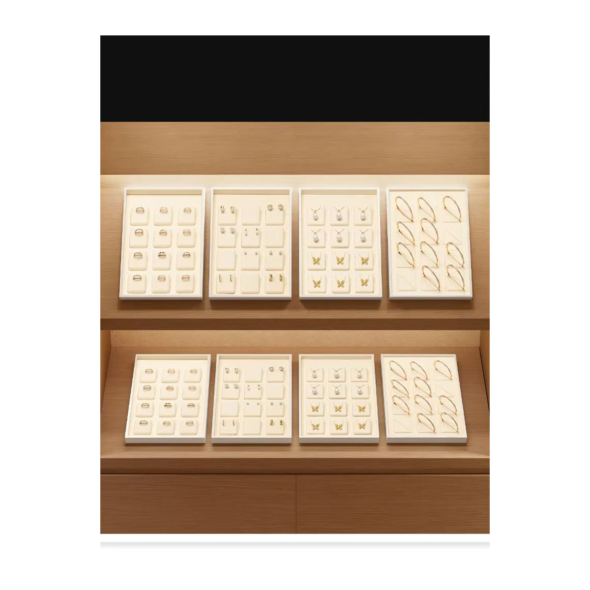 Oirlv Schmuck-Organizer-Tablett aus Samt mit 12 Fächern in Creme, stapelbares Schmuck-Display für Ringe, Ohrringe und Halsketten - Bild 4
