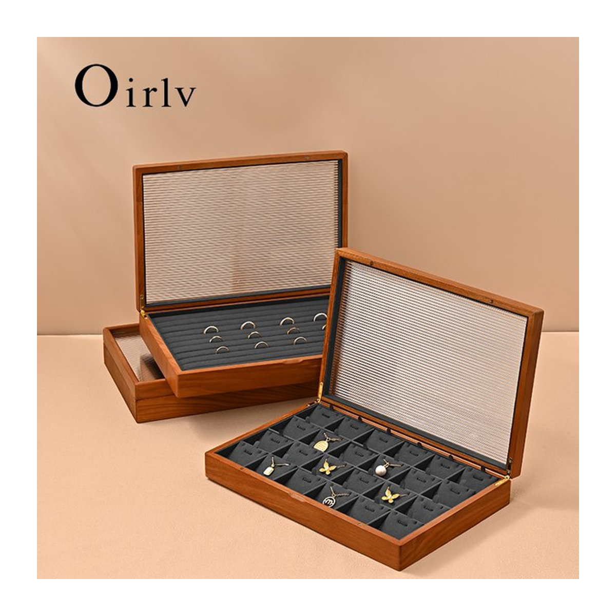 Oirlv Schmuckschatulle aus Holz in Grau und Braun als minimalistischer Organizer für Ringe, Halsketten, Ohrringe und Armbänder - Bild 1