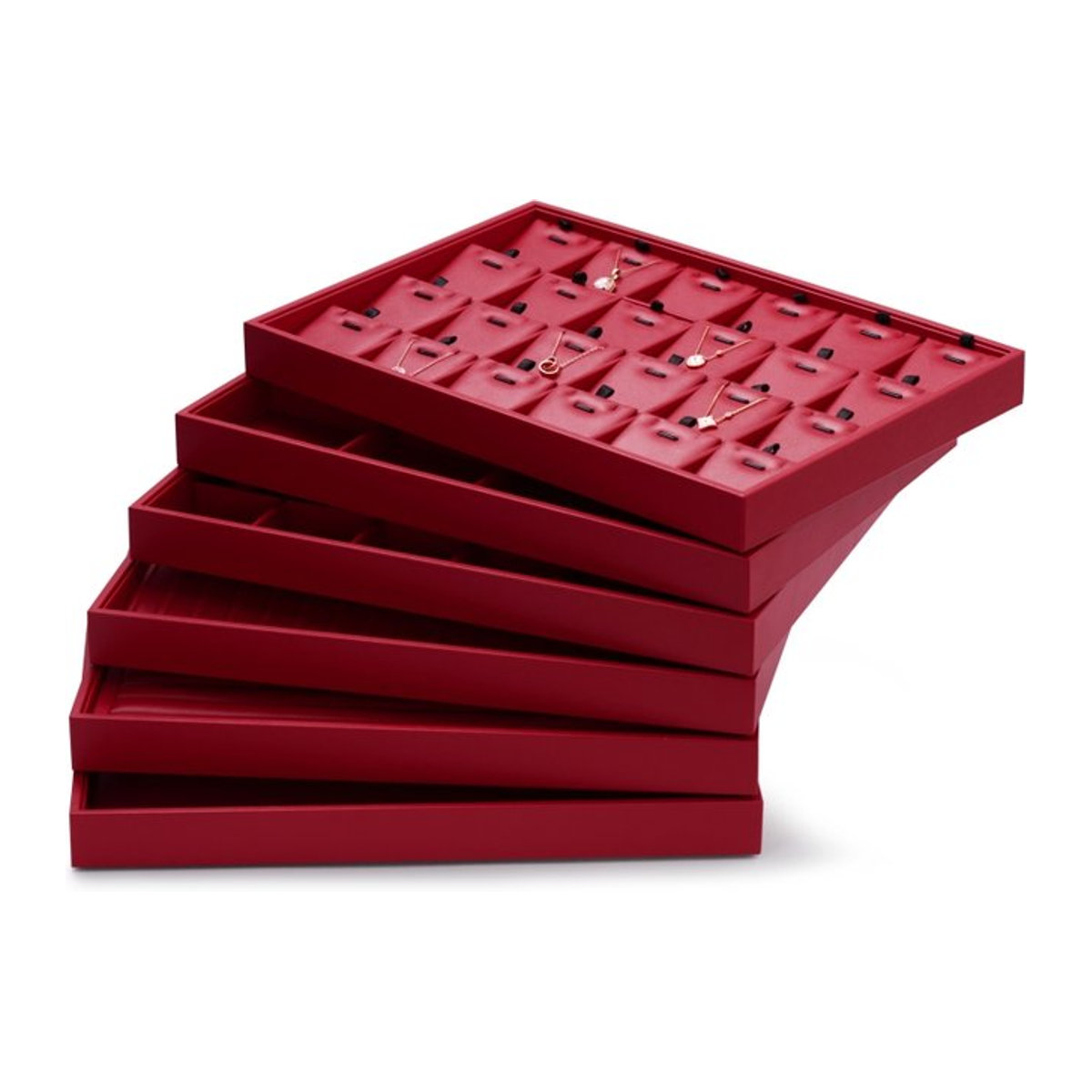 Oirlv Schmucktablett aus Leder in Rot, stapelbarer Organizer für Ringe, Halsketten und Armbänder, rechteckig und modern - Bild 1