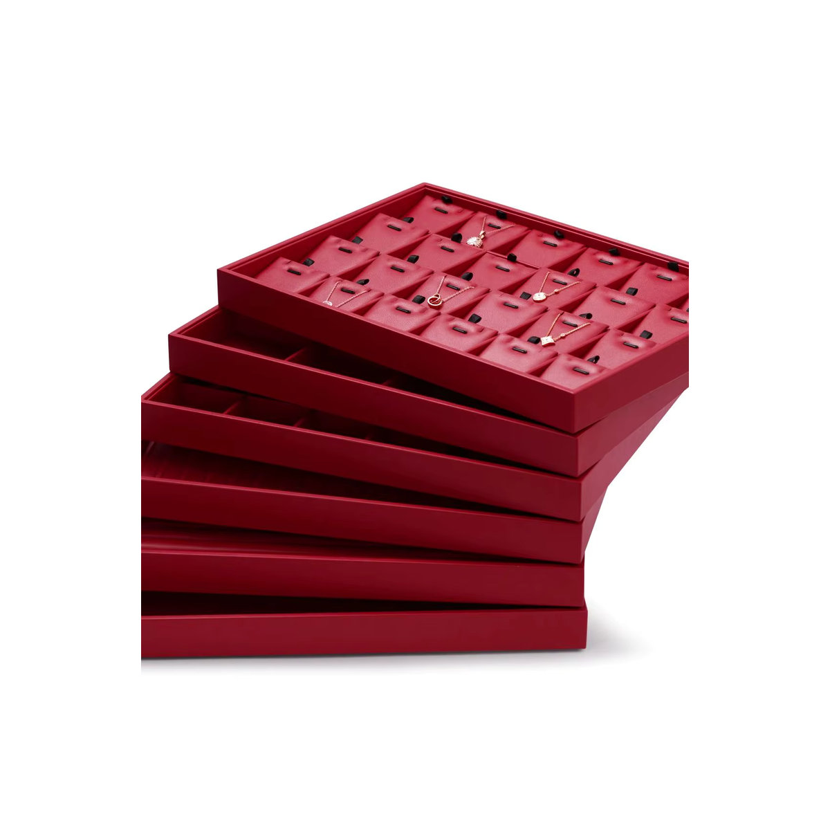 Oirlv Schmucktablett aus Leder in Rot, stapelbarer Organizer für Ringe, Halsketten und Armbänder, rechteckig und modern - Bild 3