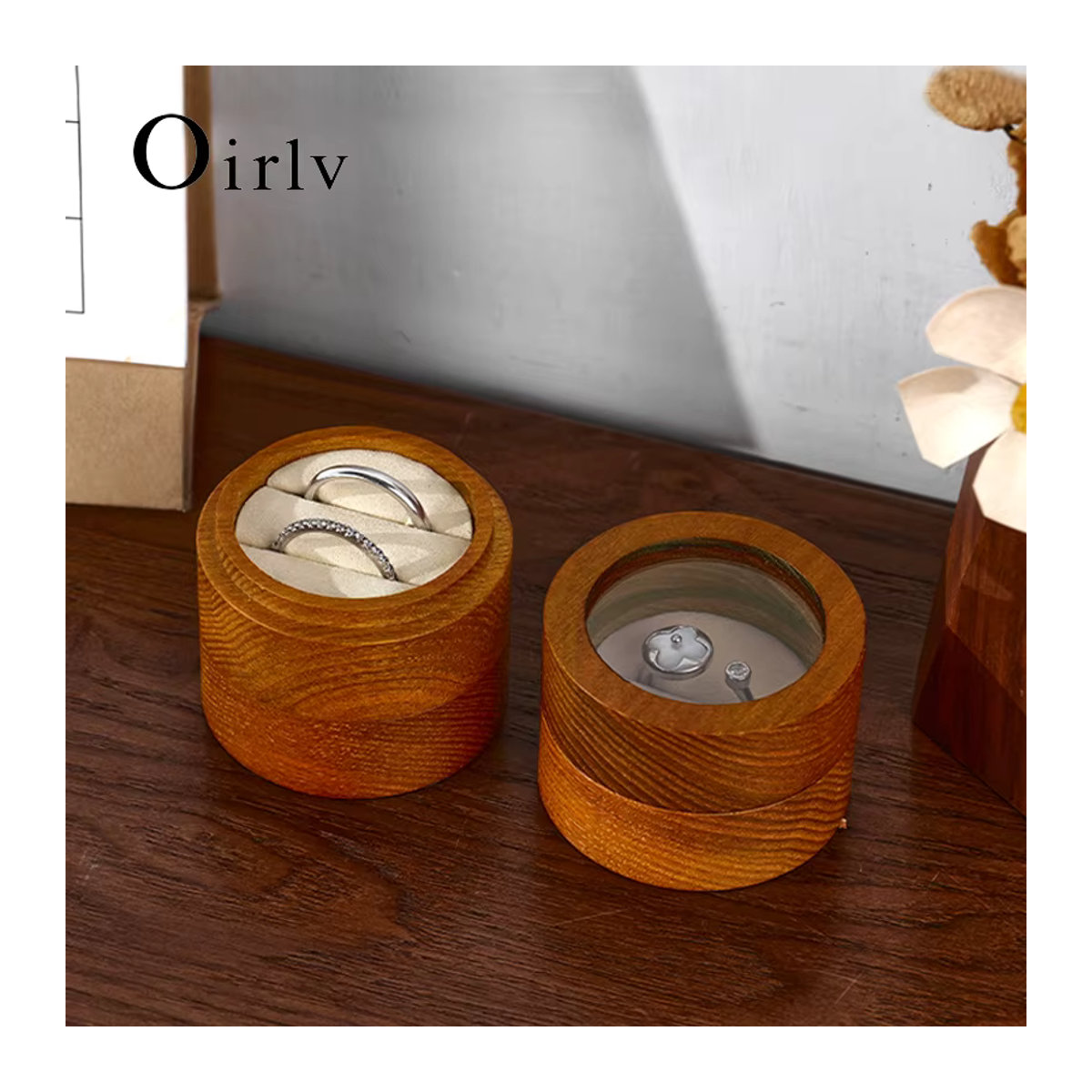 Oirlv Vintage Holz Ring Schmuckschatulle als Schmuck Organizer Box in Beige und Braun für Hochzeit und Verlobung - Bild 2