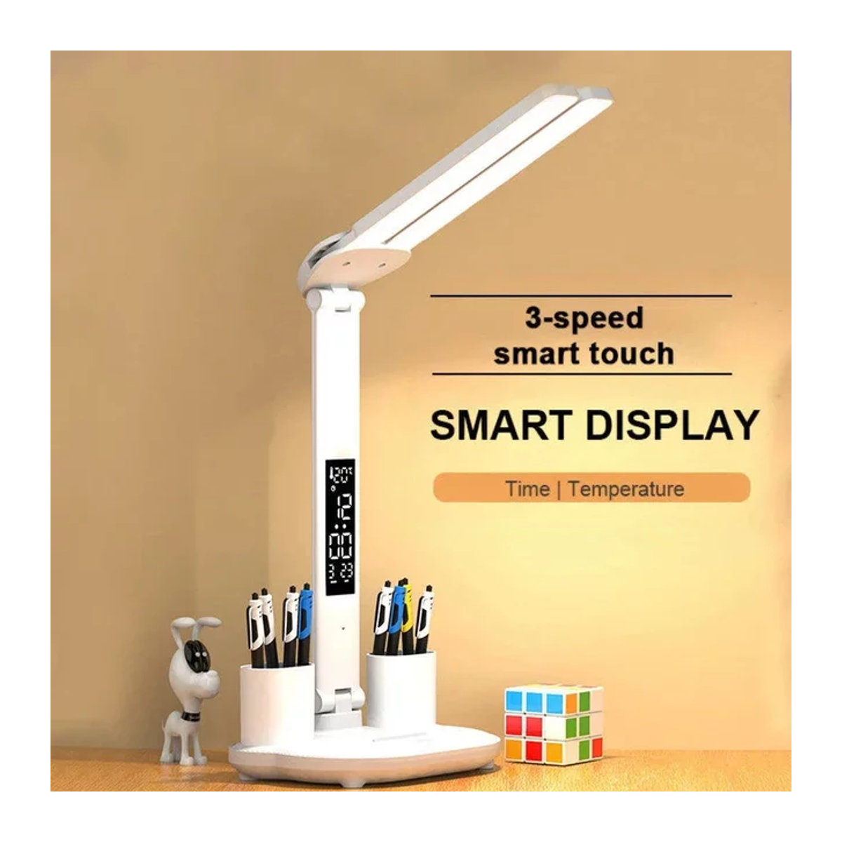 OKAL RED EAST LED Tischlampe mit Digitaluhr, Weiß, dimmbar und wiederaufladbar mit zwei drehbaren Köpfen - Bild 1