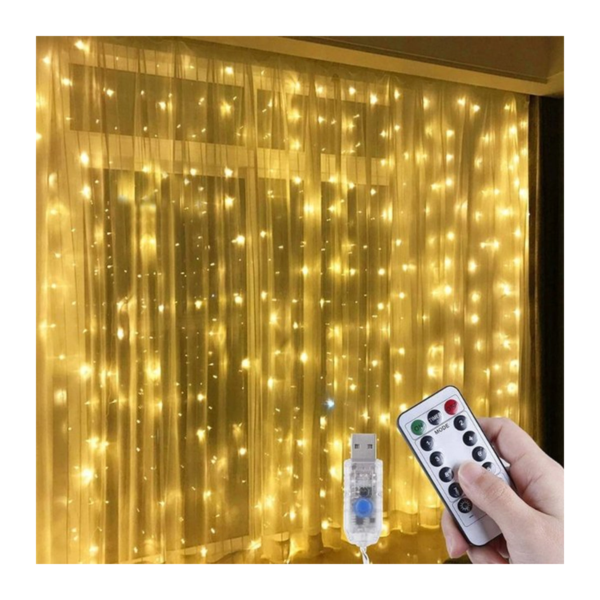OKAL RED EAST LED-Vorhangleuchten in Gelb mit Fernbedienung und 8 Modi, USB-Feenkette zur Dekoration für Schlafzimmer und Hochzeit, B/H: 3 x 1 m oder 3 x 3 m - Bild 1