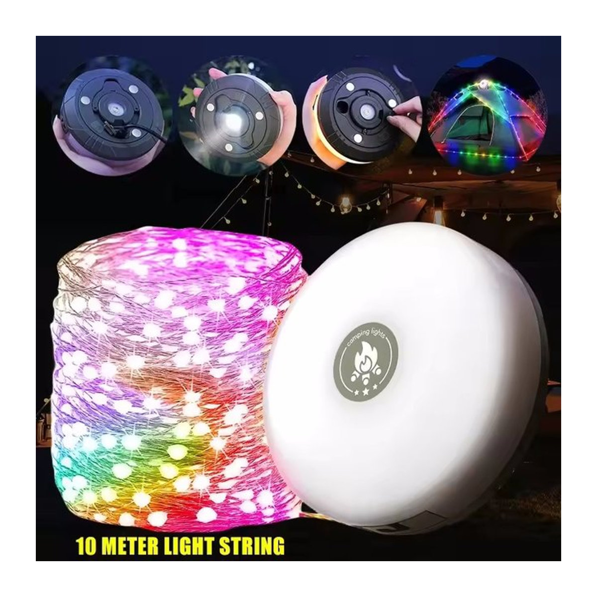 OKAL RED EAST Multifunktionale 4-in-1 Camping-Lichterkette in Weiß, USB wiederaufladbare LED-Taschenlampe mit Magnethaken für Outdoor und Zelt-Dekor - Bild 1