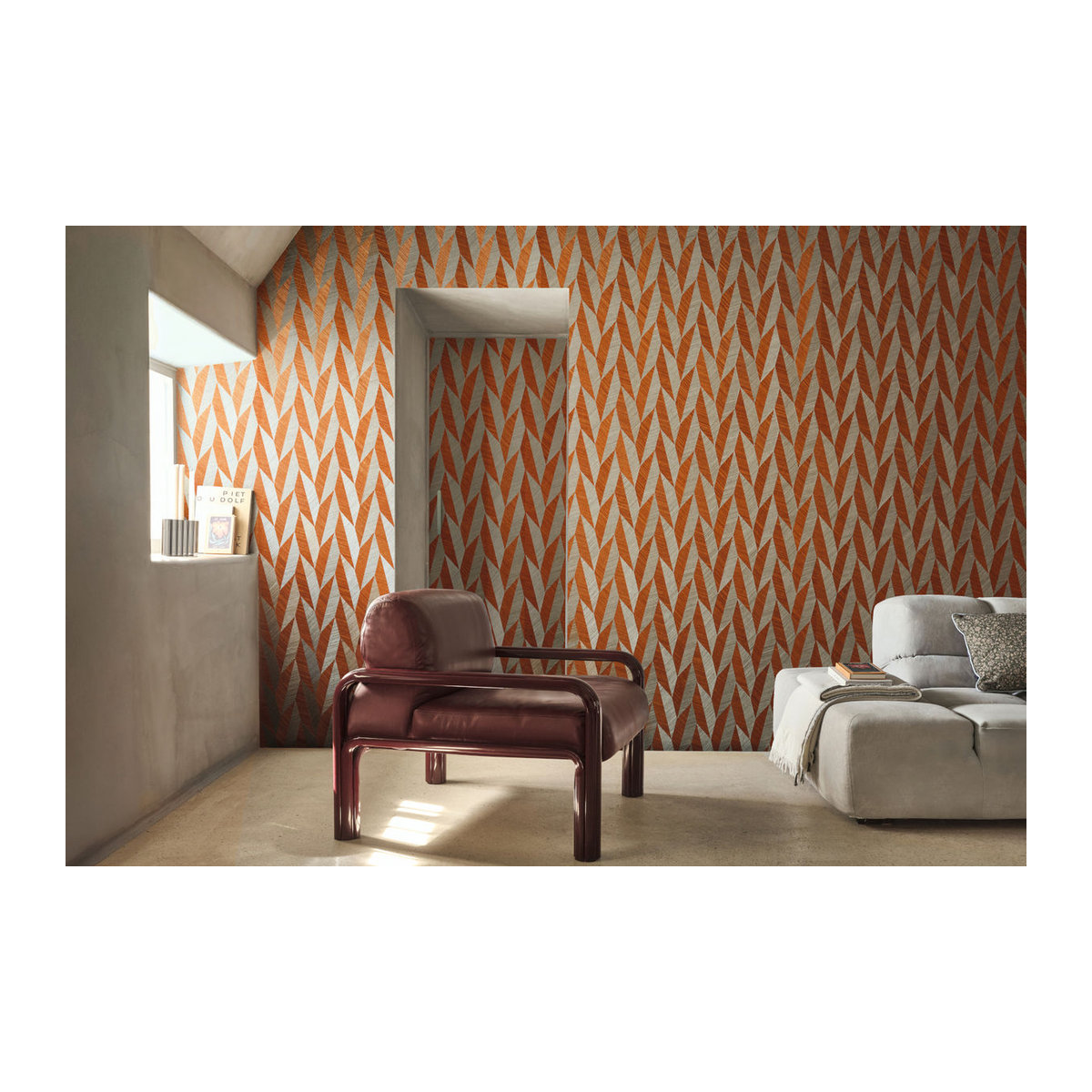 Omexco Tapete Foliage VIR9004 in Orange und Beige mit geometrischem Design und Sisal-Struktur - Bild 2