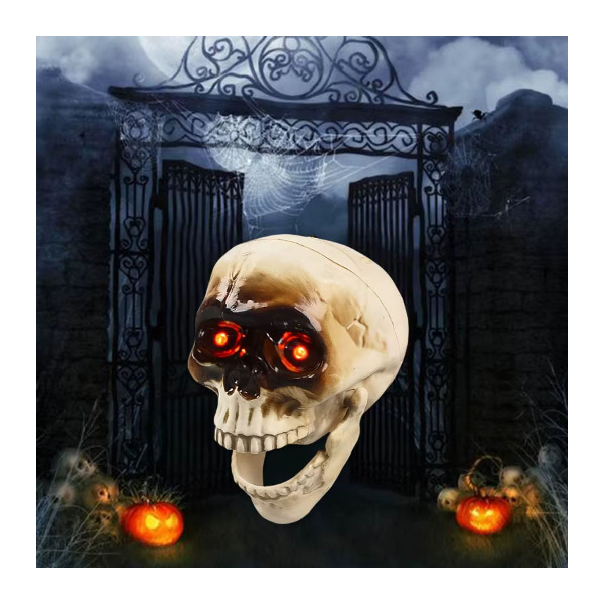 OOTDTY Animierter sprechender Totenkopf in Beige mit blinkendem Auge und beweglichem Kiefer als gruselige Halloween-Dekoration aus Kunststoff - Bild 2