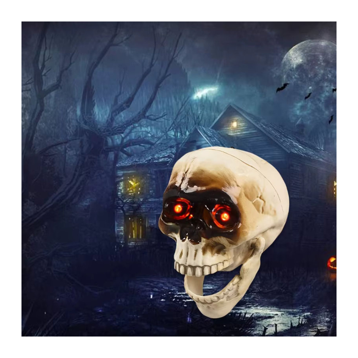 OOTDTY Animierter sprechender Totenkopf in Beige mit blinkendem Auge und beweglichem Kiefer als gruselige Halloween-Dekoration aus Kunststoff - Bild 3