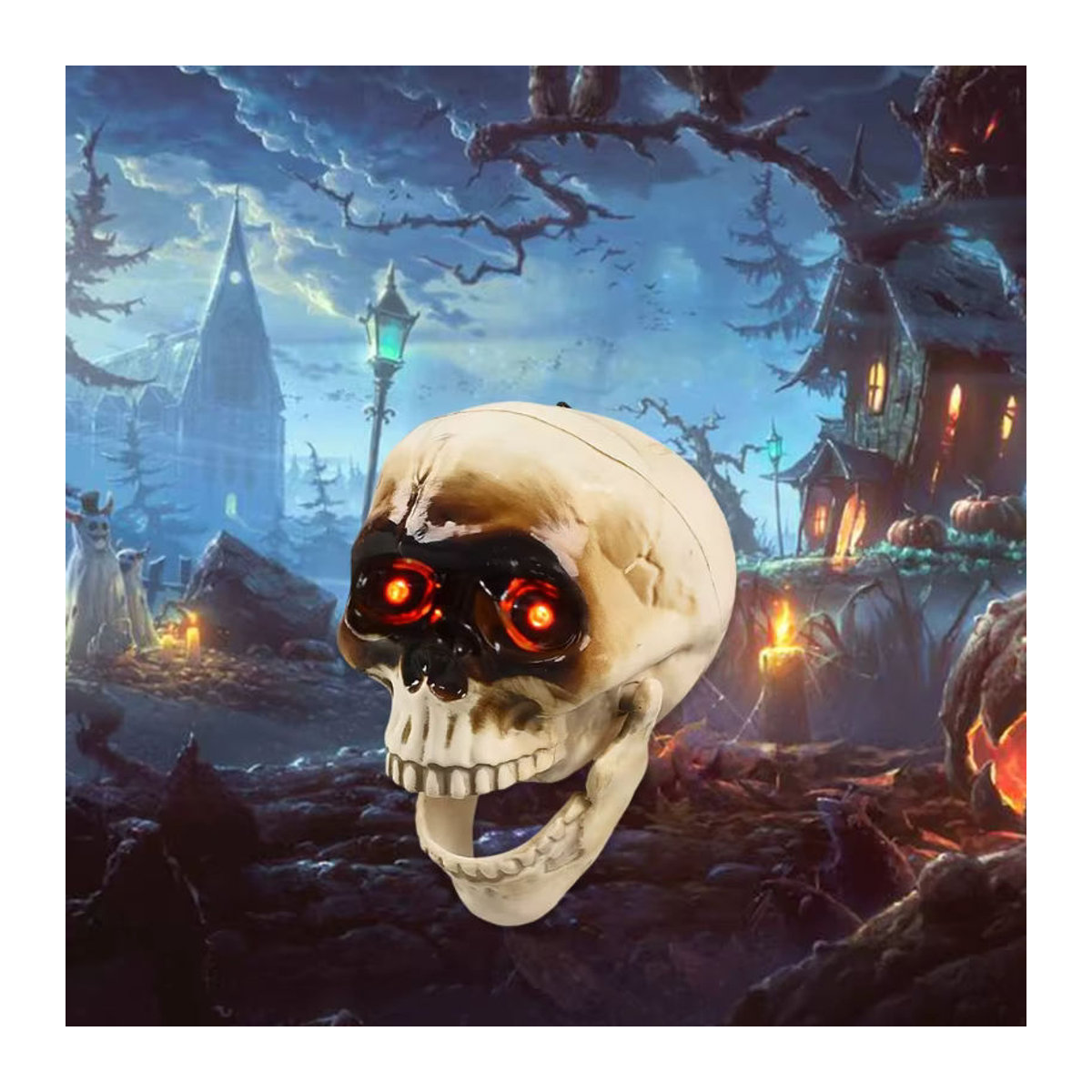 OOTDTY Animierter sprechender Totenkopf in Beige mit blinkendem Auge und beweglichem Kiefer als gruselige Halloween-Dekoration aus Kunststoff - Bild 4