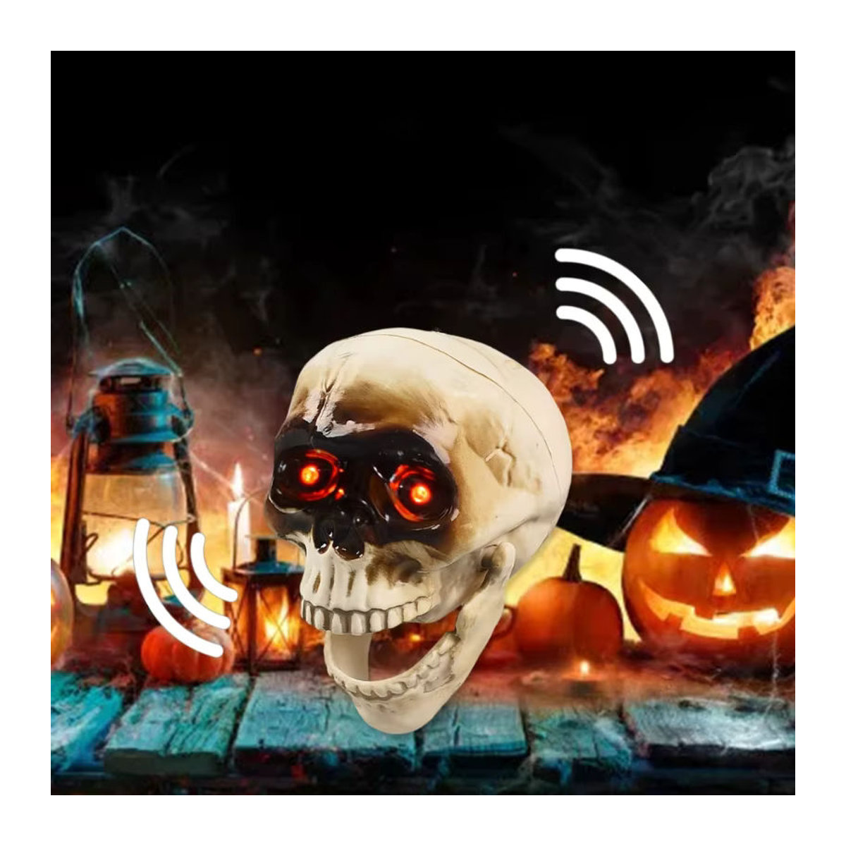 OOTDTY Animierter sprechender Totenkopf in Beige mit blinkendem Auge und beweglichem Kiefer als gruselige Halloween-Dekoration aus Kunststoff - Bild 5