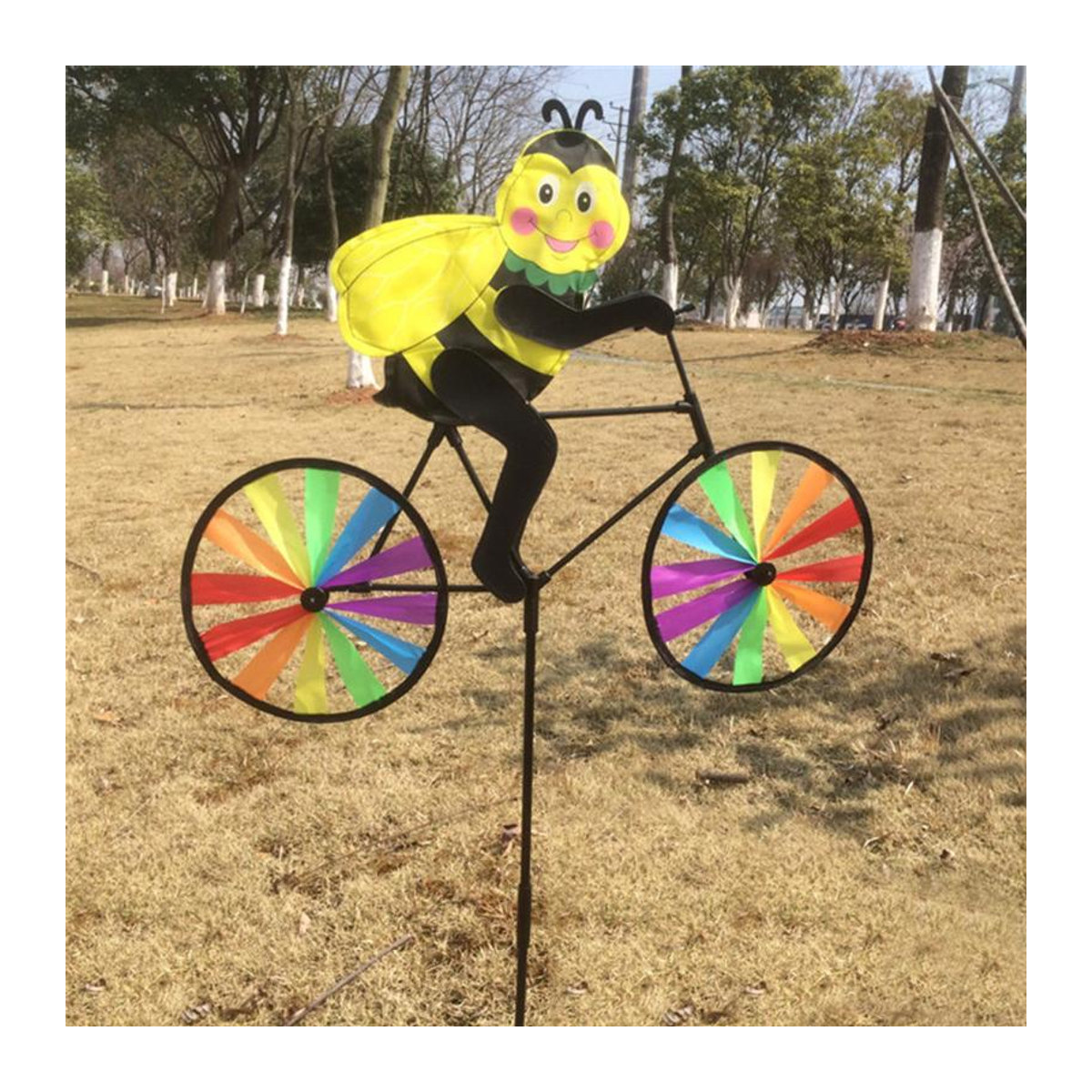 OOTDTY Bunter Erdspieß mit 3D-Tier auf Fahrrad als Windmühle zur Dekoration für Innen und Außen in Multicolor - Bild 1