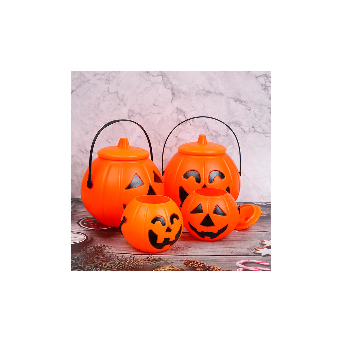 Orangefarbener Halloween Kürbis Eimer als tragbarer Süßigkeiten Behälter und Geschenkhalter für Kinder - Bild 3