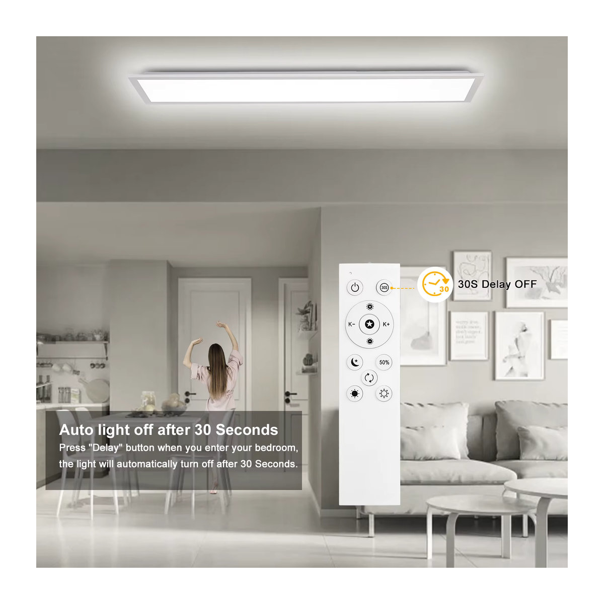 Oraymin LED-Deckenleuchte Weiß, dimmbar mit Fernbedienung und Speicherfunktion, 30 W, B: 100 cm, H: 25 cm, 2700–6500 K, minimalistisches Design für Küche und Büro - Bild 6