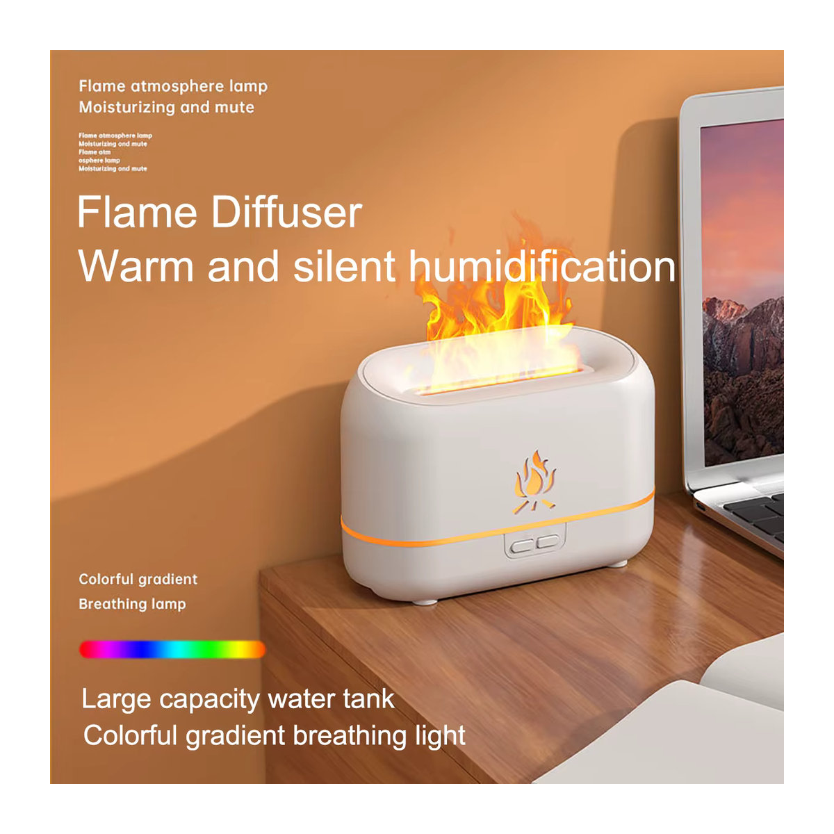 OREADEX RGB Flammen Aroma Diffusor und Luftbefeuchter mit 7 Farben, USB Desktop Nachtlicht und Aromatherapie Reiniger in Weiß und Mehrfarbig - Bild 5