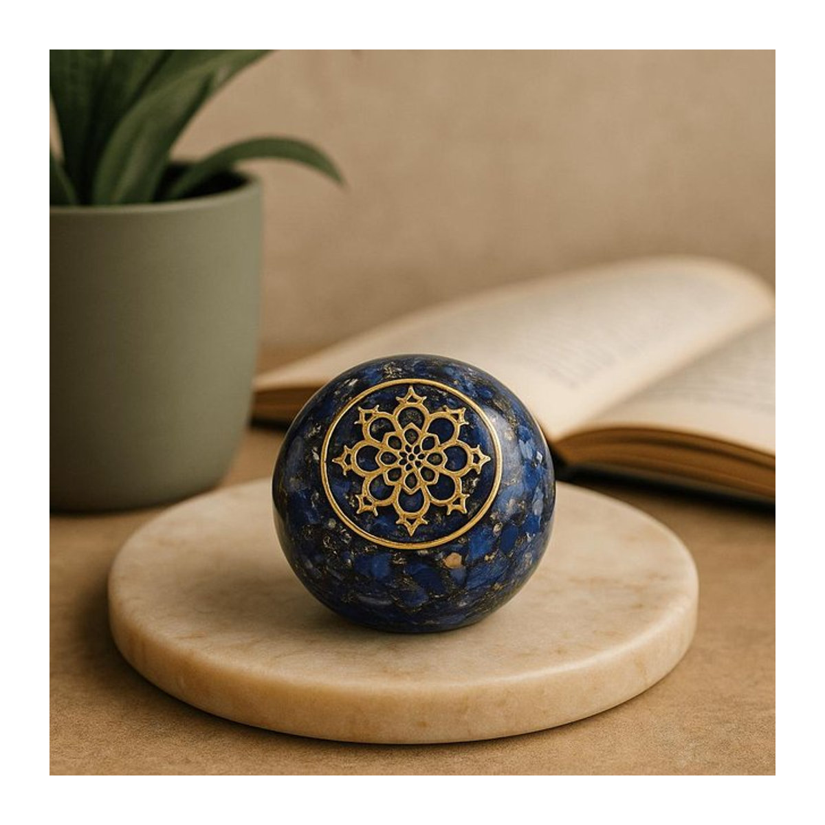 Orgonit-Kuppel Briefbeschwerer von SHAMTAM mit Lapislazuli und Mandala-Motiv in Tiefblau - Bild 1