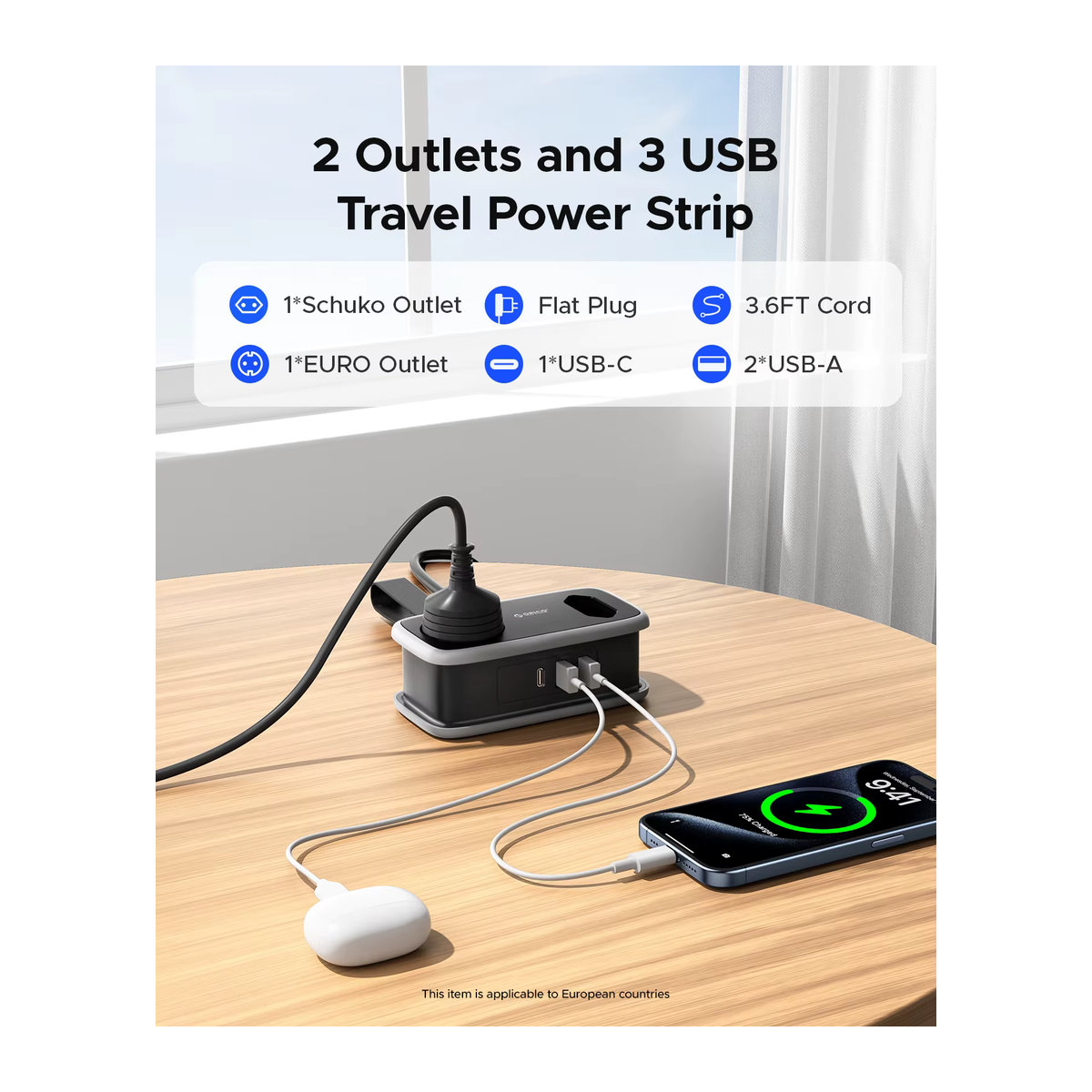 ORICO 5-in-1 Reise-Smart-Steckdose mit 2 AC- und 3 USB-Anschlüssen, EU-Stecker, 1,1 m Verlängerungskabel - Bild 2