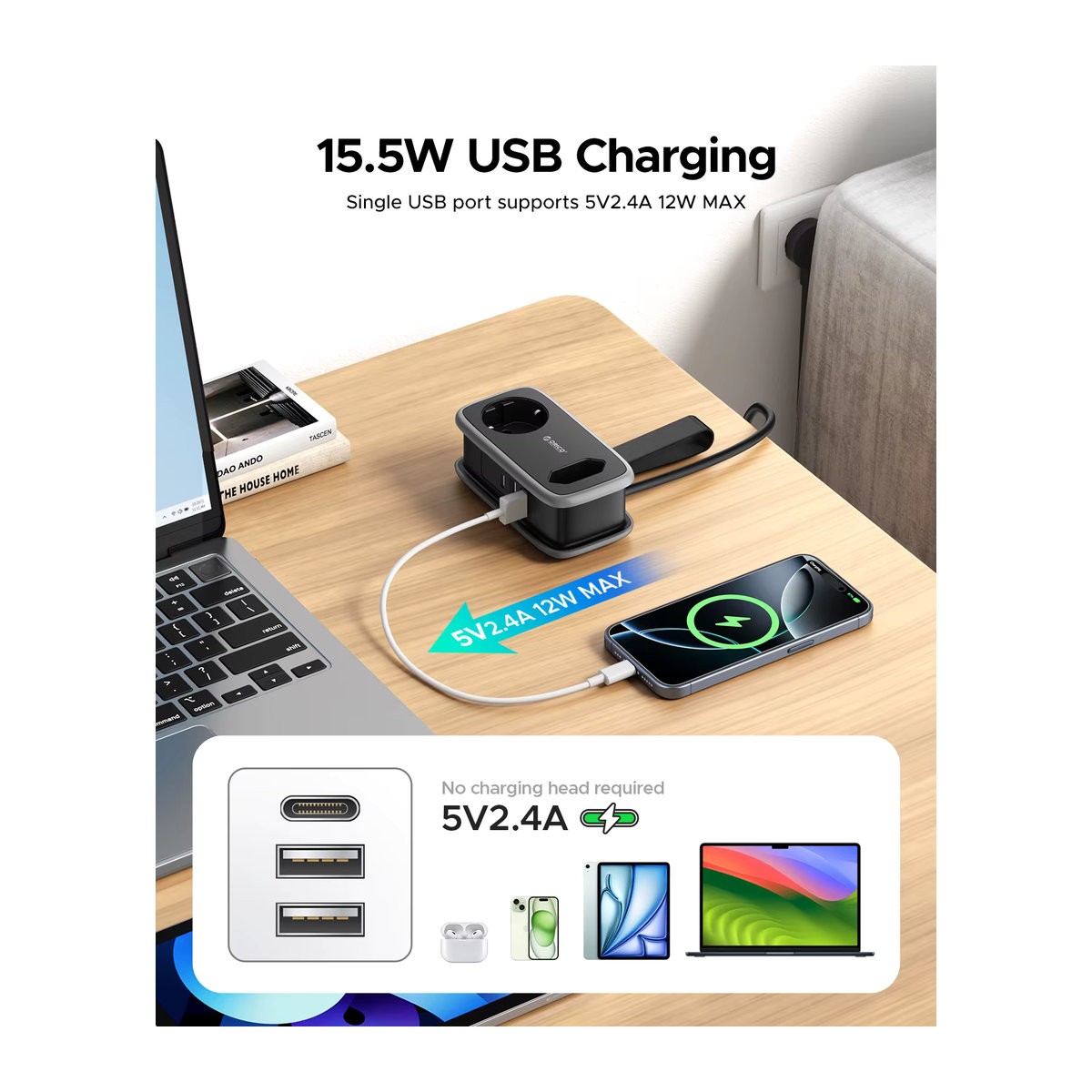 ORICO 5-in-1 Reise-Smart-Steckdose mit 2 AC- und 3 USB-Anschlüssen, EU-Stecker, 1,1 m Verlängerungskabel - Bild 3