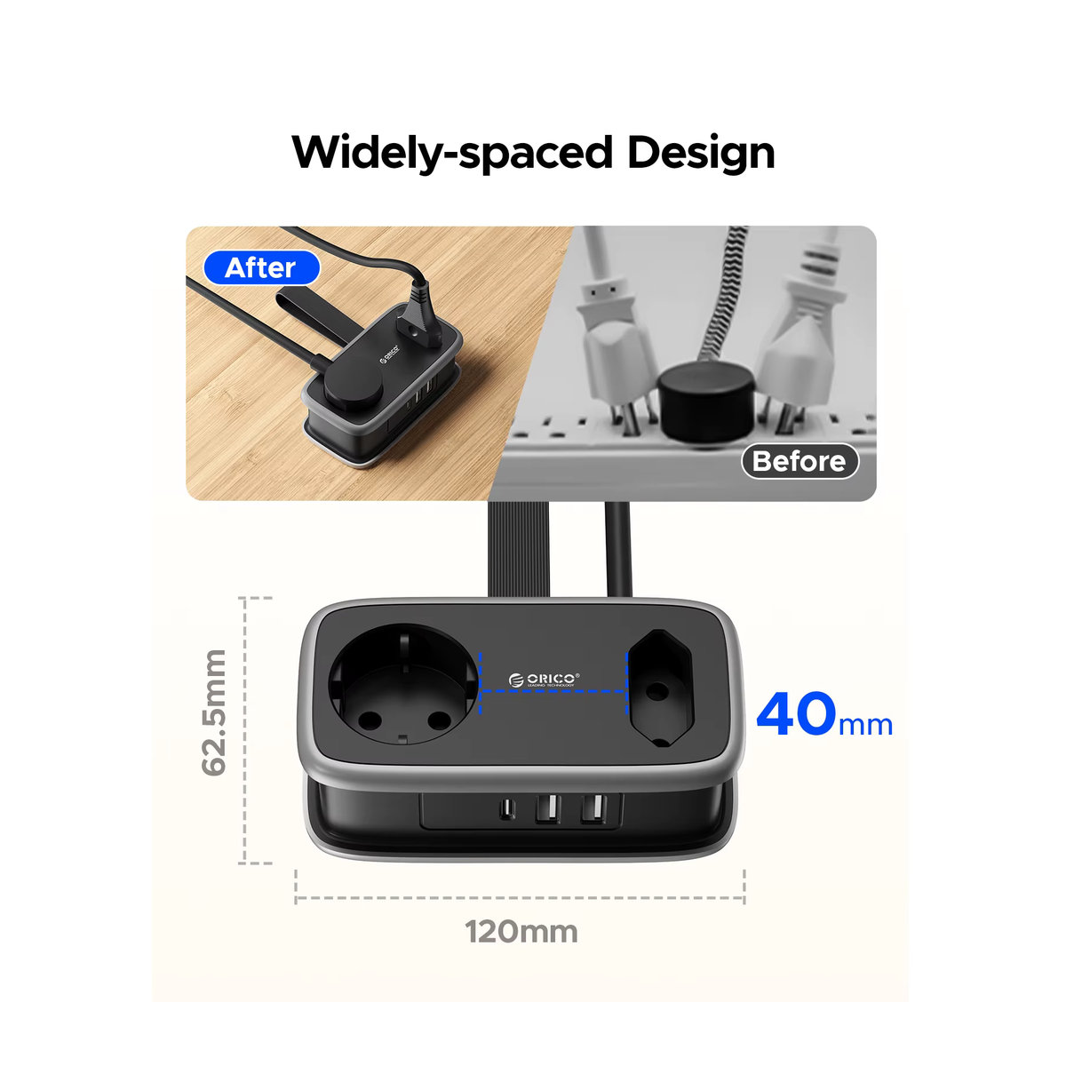 ORICO 5-in-1 Reise-Smart-Steckdose mit 2 AC- und 3 USB-Anschlüssen, EU-Stecker, 1,1 m Verlängerungskabel - Bild 4