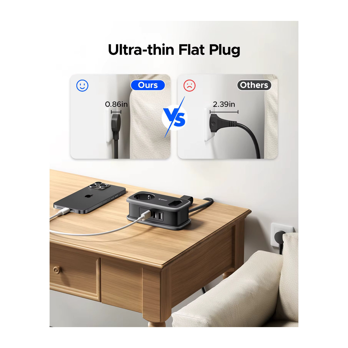ORICO 5-in-1 Reise-Smart-Steckdose mit 2 AC- und 3 USB-Anschlüssen, EU-Stecker, 1,1 m Verlängerungskabel - Bild 5