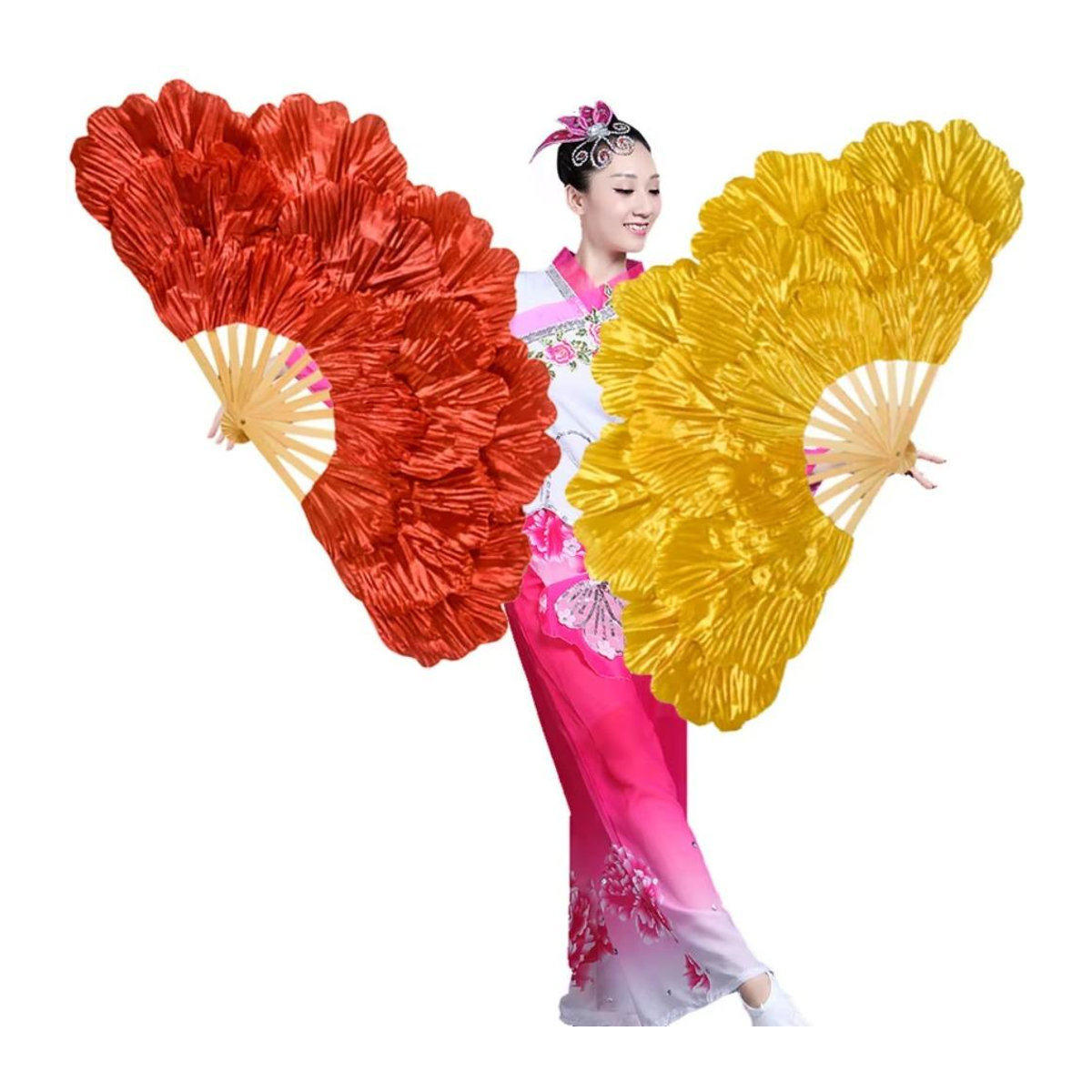 Orientalischer Blumen-Faltfächer mit Pfingstrosen-Design aus Bambus und Textil in Rot und Gold, Breite: 75 cm - Bild 1