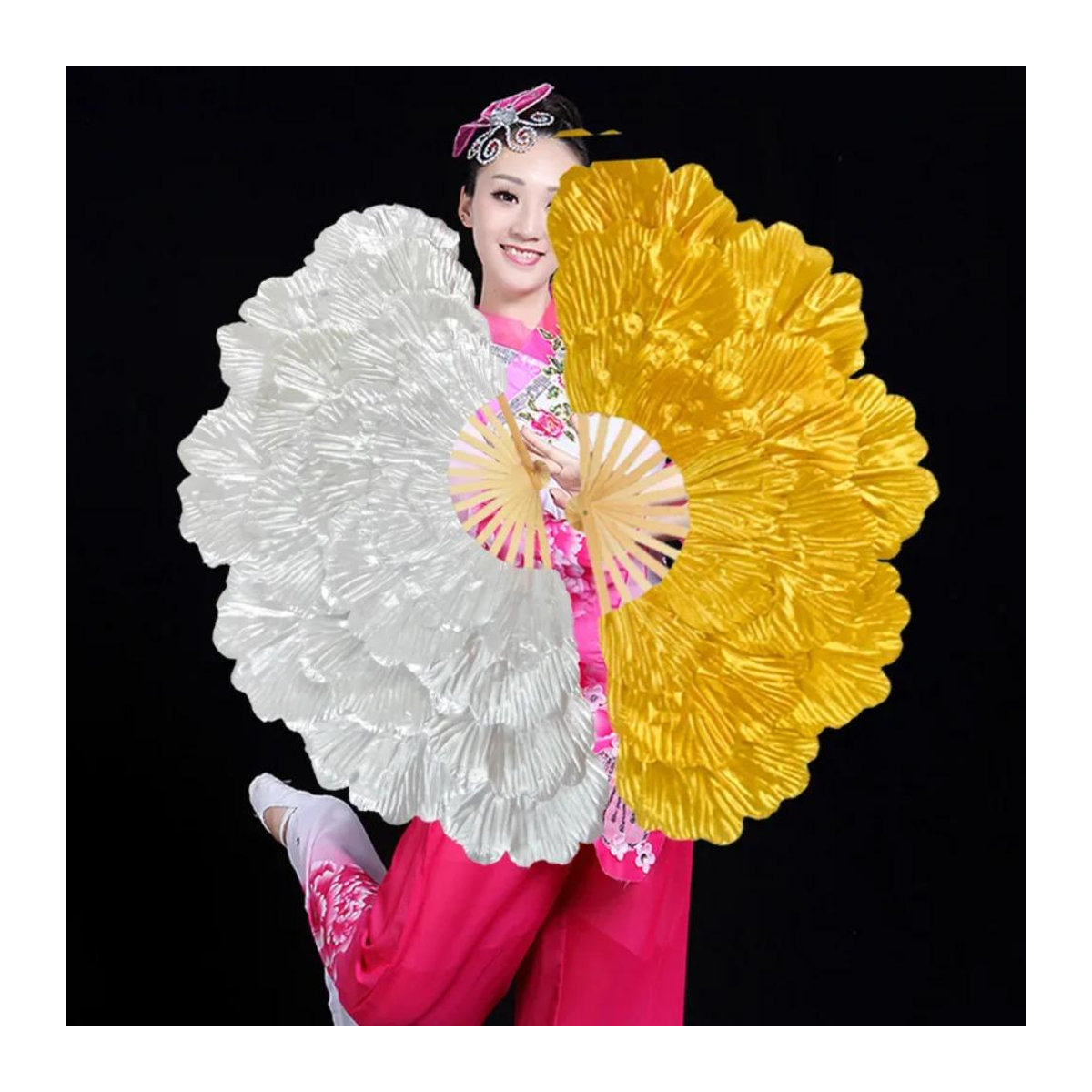 Orientalischer Faltfächer mit floralem Pfingstrosen-Design aus Bambus und Textil in Rot, Breite: 75 cm - Bild 1