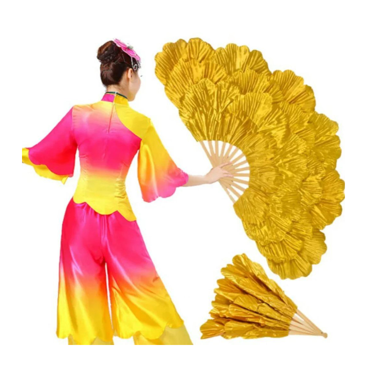Orientalischer Faltfächer mit floralem Pfingstrosen-Design aus Bambus und Textil in Rot, Breite: 75 cm - Bild 3