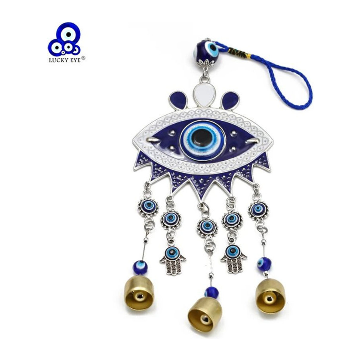 Orientalischer Lucky Eye Wandbehang mit Hamsa Hand und Evil Eye Perlen in Blau aus Metall und Schnur - Bild 1