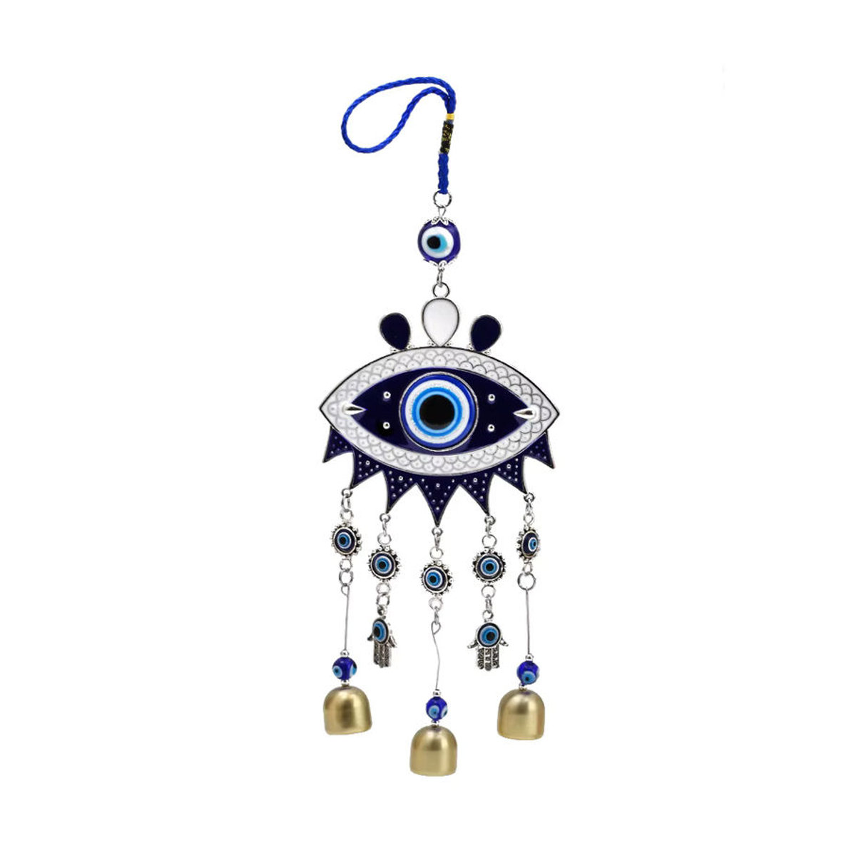 Orientalischer Lucky Eye Wandbehang mit Hamsa Hand und Evil Eye Perlen in Blau aus Metall und Schnur - Bild 2