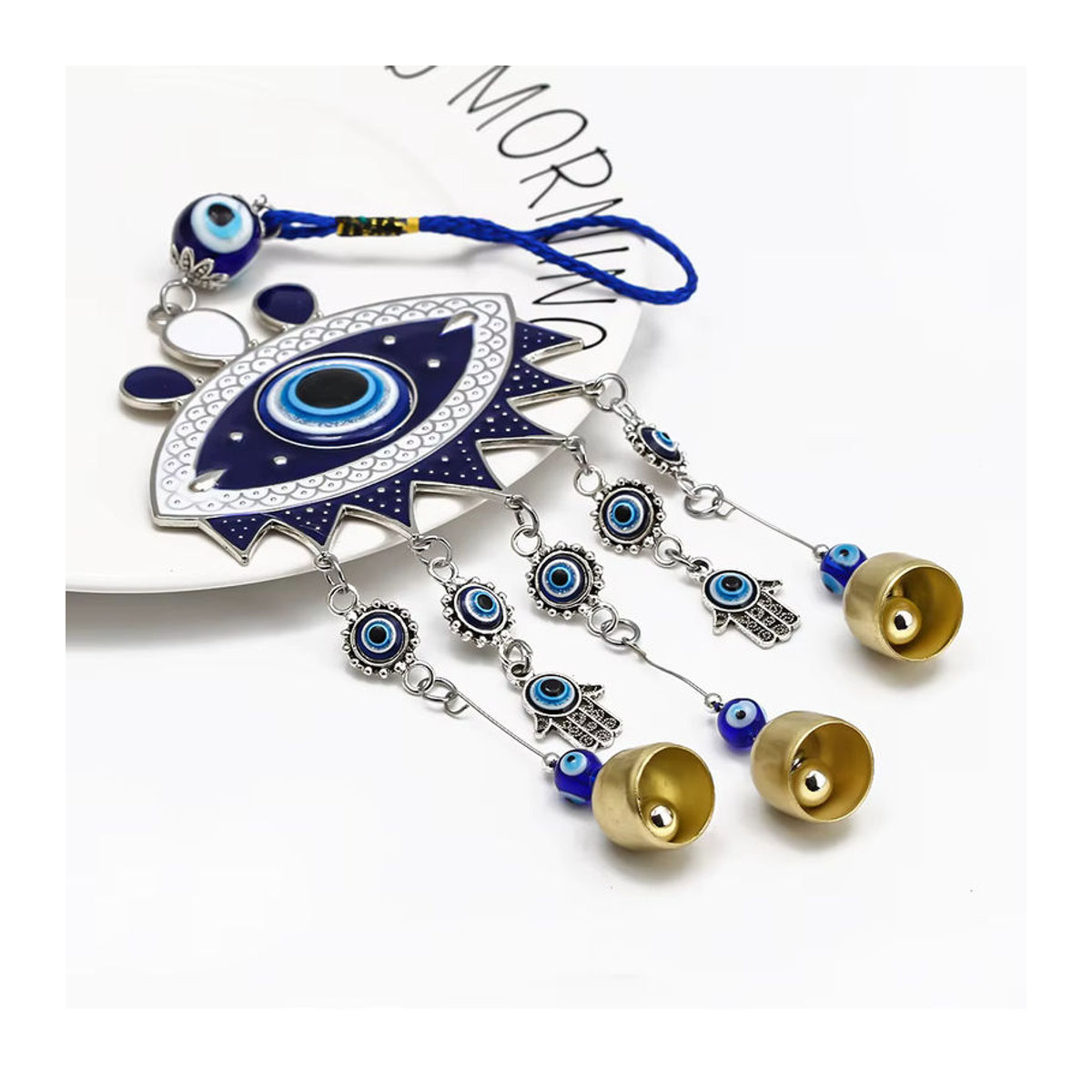 Orientalischer Lucky Eye Wandbehang mit Hamsa Hand und Evil Eye Perlen in Blau aus Metall und Schnur - Bild 4