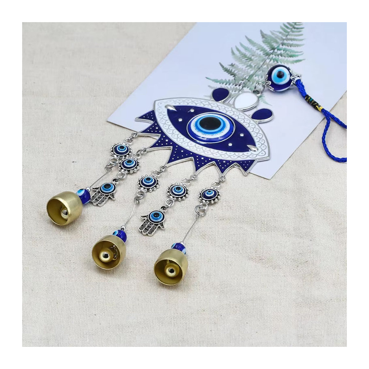 Orientalischer Lucky Eye Wandbehang mit Hamsa Hand und Evil Eye Perlen in Blau aus Metall und Schnur - Bild 5