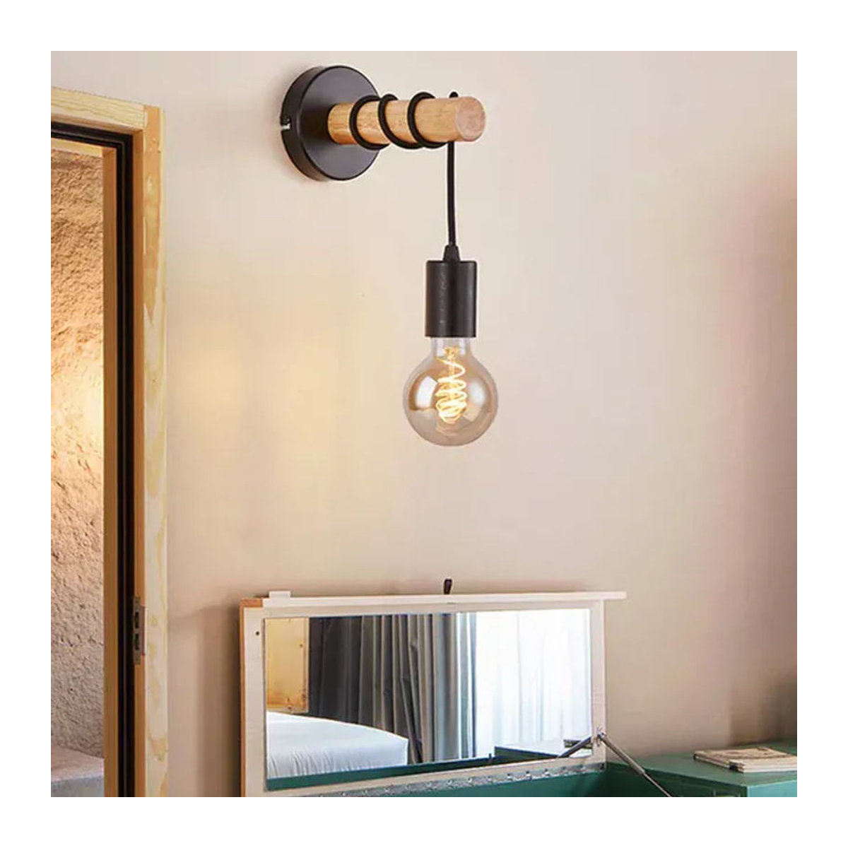 OSABO Retro Wandleuchte aus Holz im Industrial Design, Vintage Wandlampe mit E27 Fassung, Schwarz/Natur - Bild 1