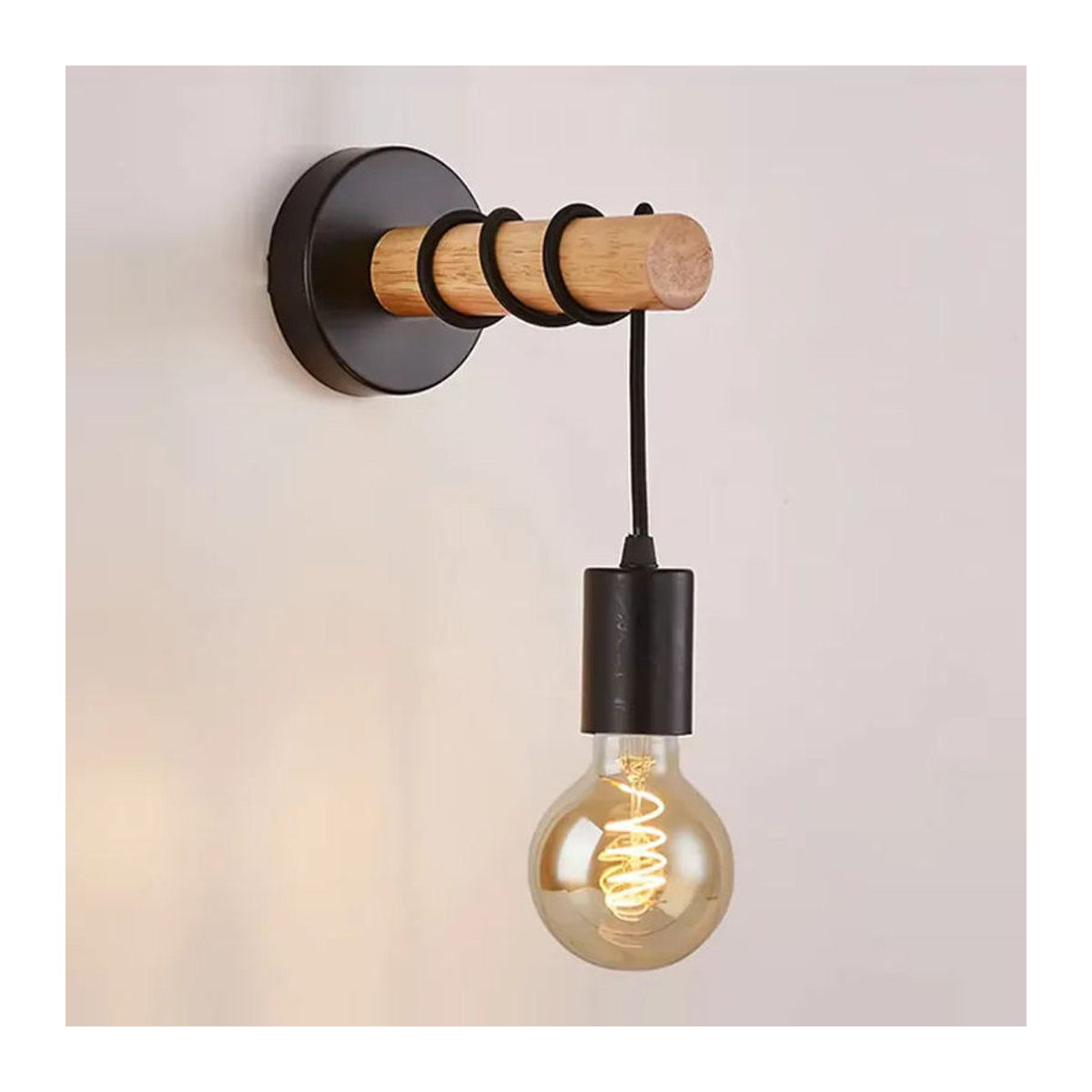 OSABO Retro Wandleuchte aus Holz im Industrial Design, Vintage Wandlampe mit E27 Fassung, Schwarz/Natur - Bild 3