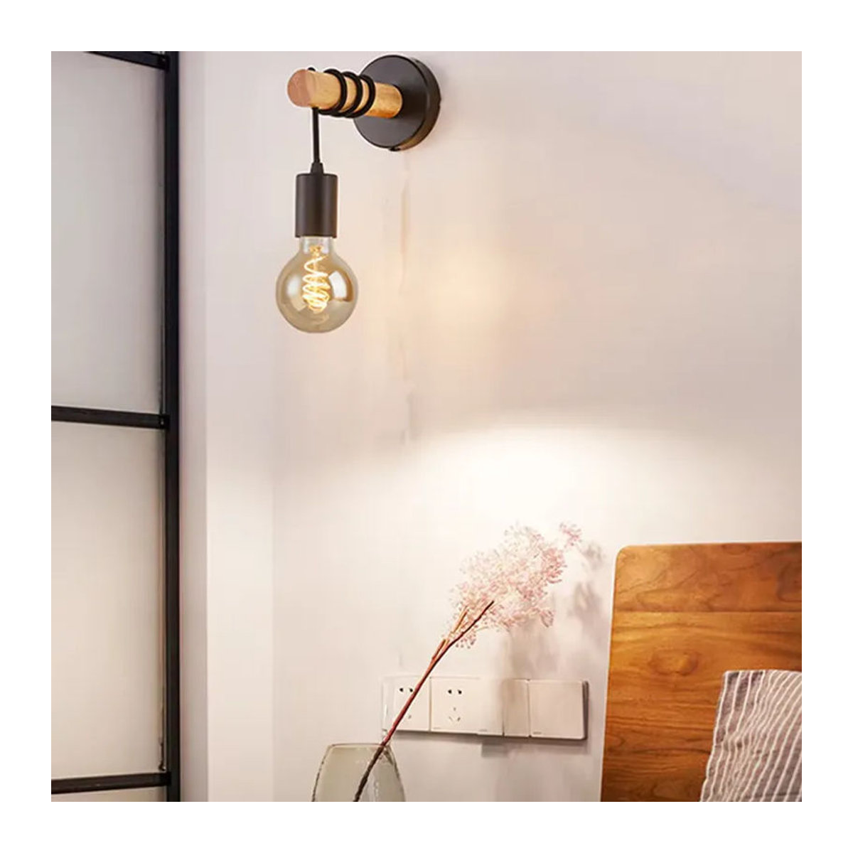 OSABO Retro Wandleuchte aus Holz im Industrial Design, Vintage Wandlampe mit E27 Fassung, Schwarz/Natur - Bild 4
