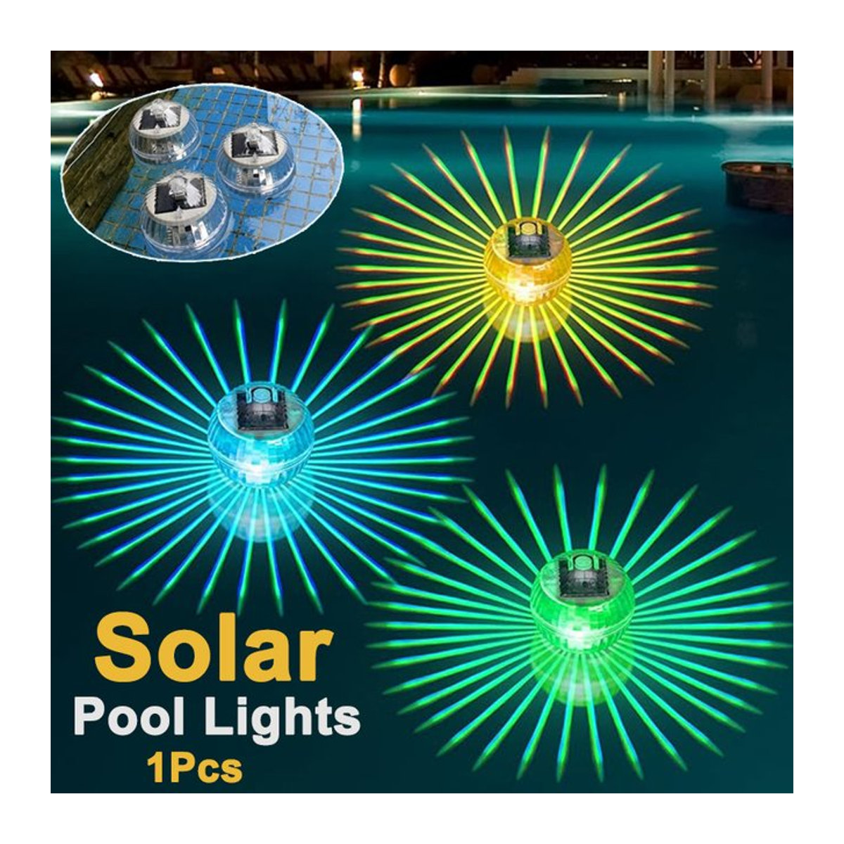 OSIDEN Solar-Pool-Lichter mit RGB-Farbwechsel, wasserfeste LED-Solarleuchte für Garten, Pool und Außenbereich, Bunt - Bild 1
