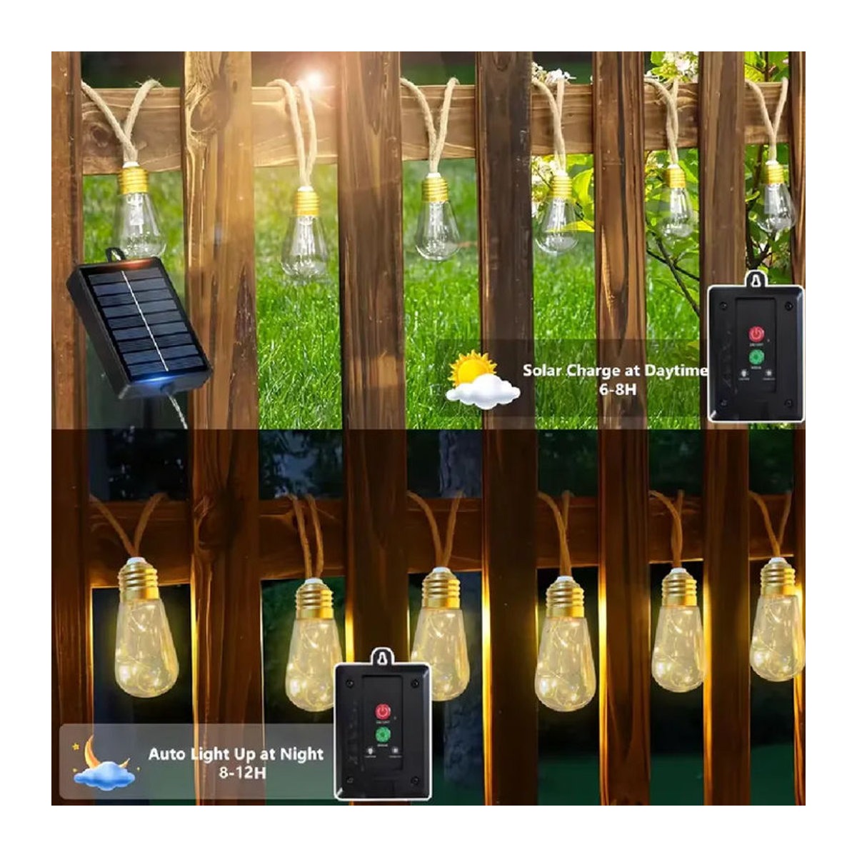 OSIDEN Solarbetriebene Vintage LED-Lichterkette mit Hanfseil in Natur für Garten und Outdoor - Bild 2