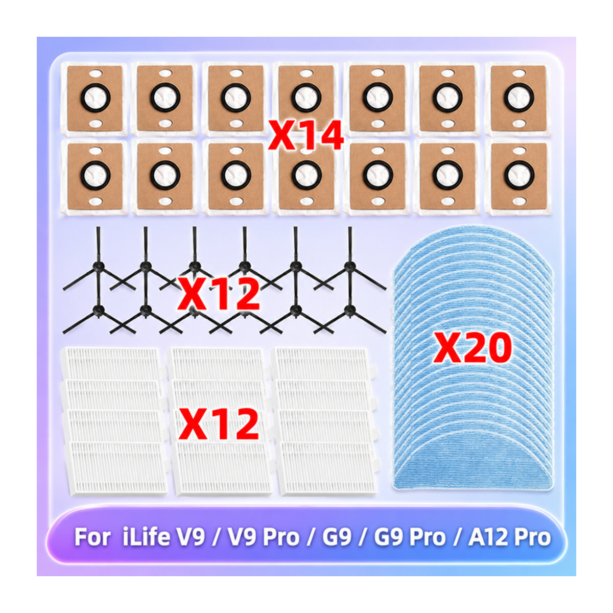 OSSIEAO Ersatzteil-Set für iLife V9 V9 Pro G9 G9 Pro A12 Pro Saugroboter mit Seitenbürsten, Mopp-Tüchern, Filtern und Staubbeuteln in Bunt - Bild 1