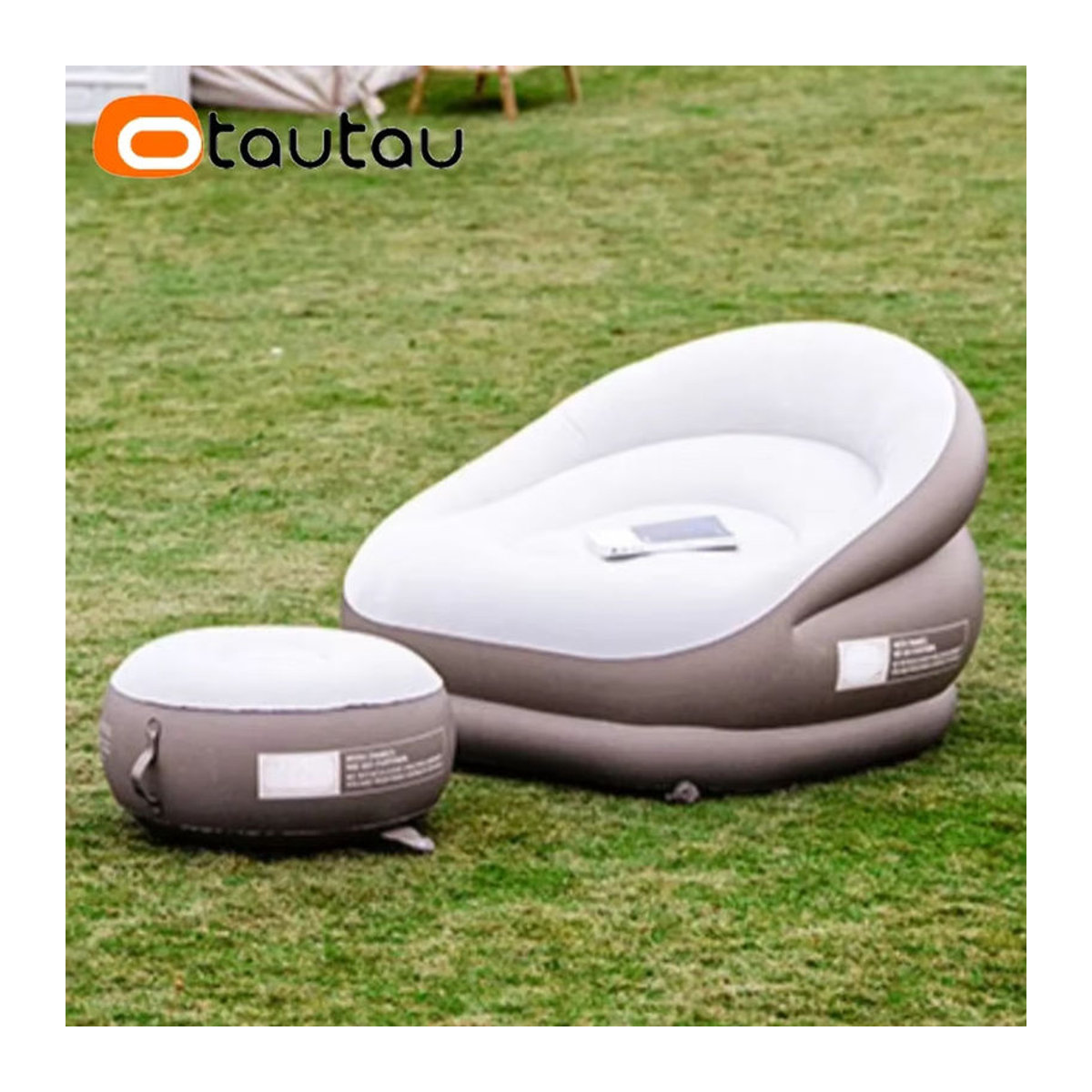 OTAUTAU Aufblasbares Outdoor-Sofa mit Fußstütze und Hocker in Beige, Tragbare Camping-Klappmöbel Chaise Lounge Recliner SF101 - Bild 6