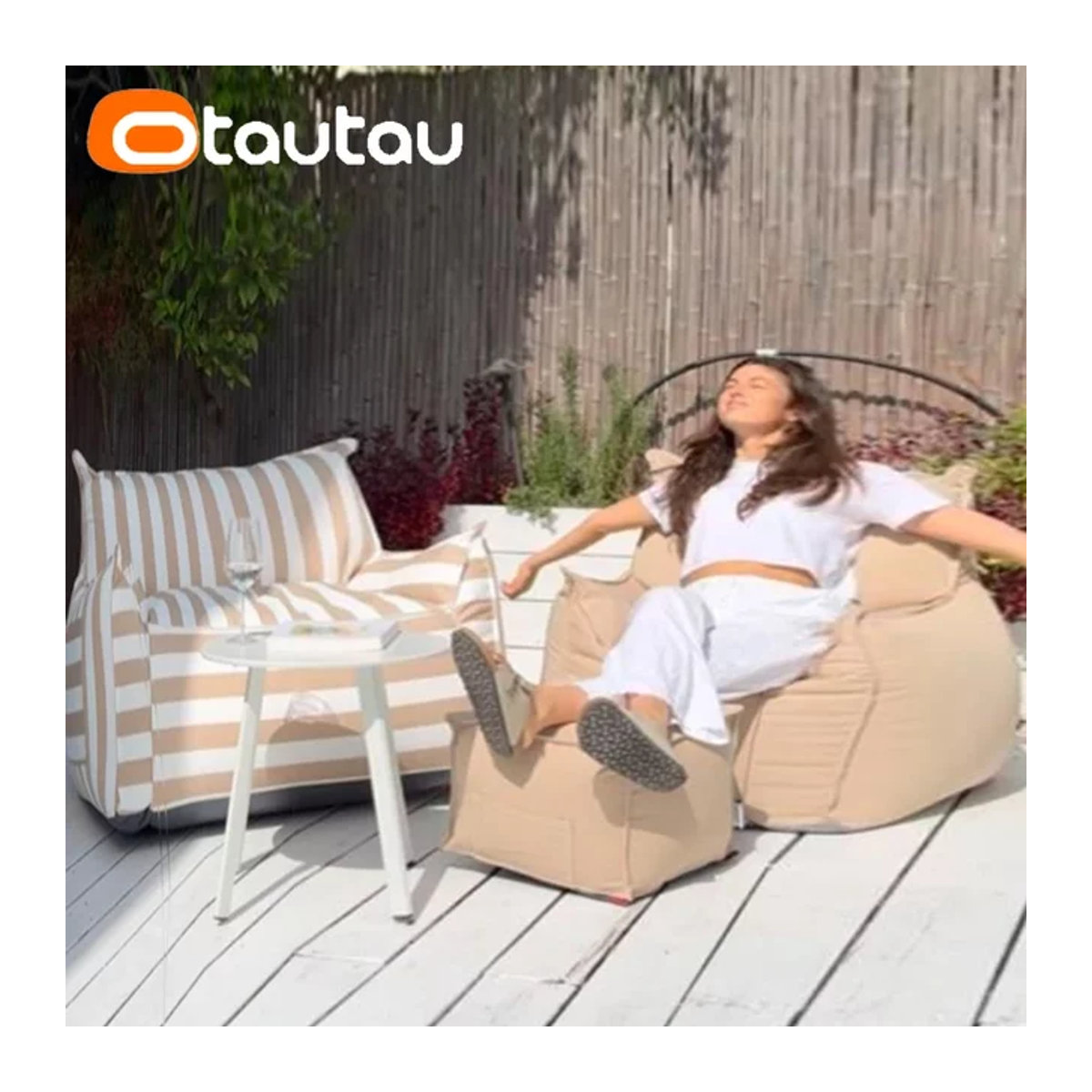 Otautau Outdoor Sitzsack Sessel mit Ottomane Fussstütze Bezug ohne Füllung gestreift in Blau und Beige - Bild 1