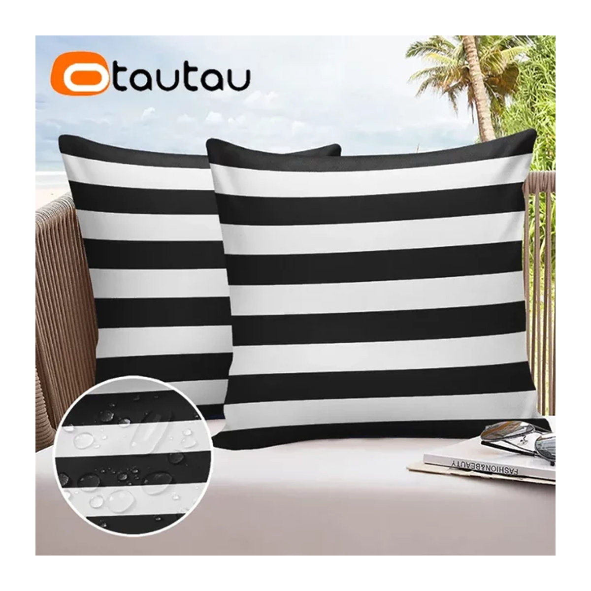 Otautau Outdoor Sofa Kissenbezug aus wasserdichtem Oxford-Stoff mit Streifenmuster in Blau oder Schwarz/Weiß ohne Füllung - Bild 1