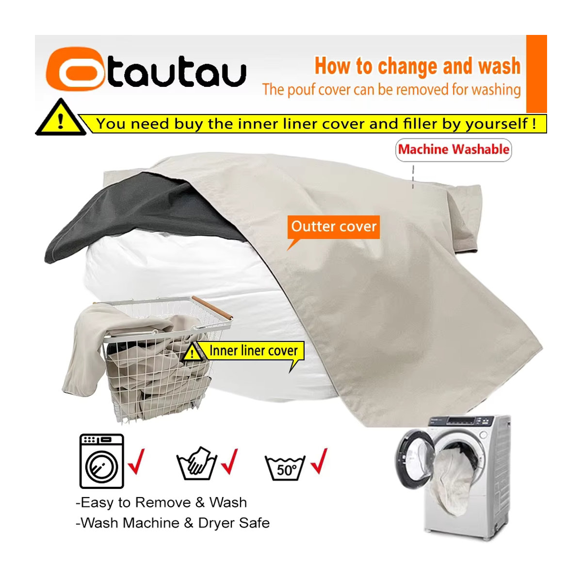 Otautau Sitzsack Abdeckung aus weicher Baumwolle und Leinen in Beige, B: 180 cm, T: 140 cm - Bild 4