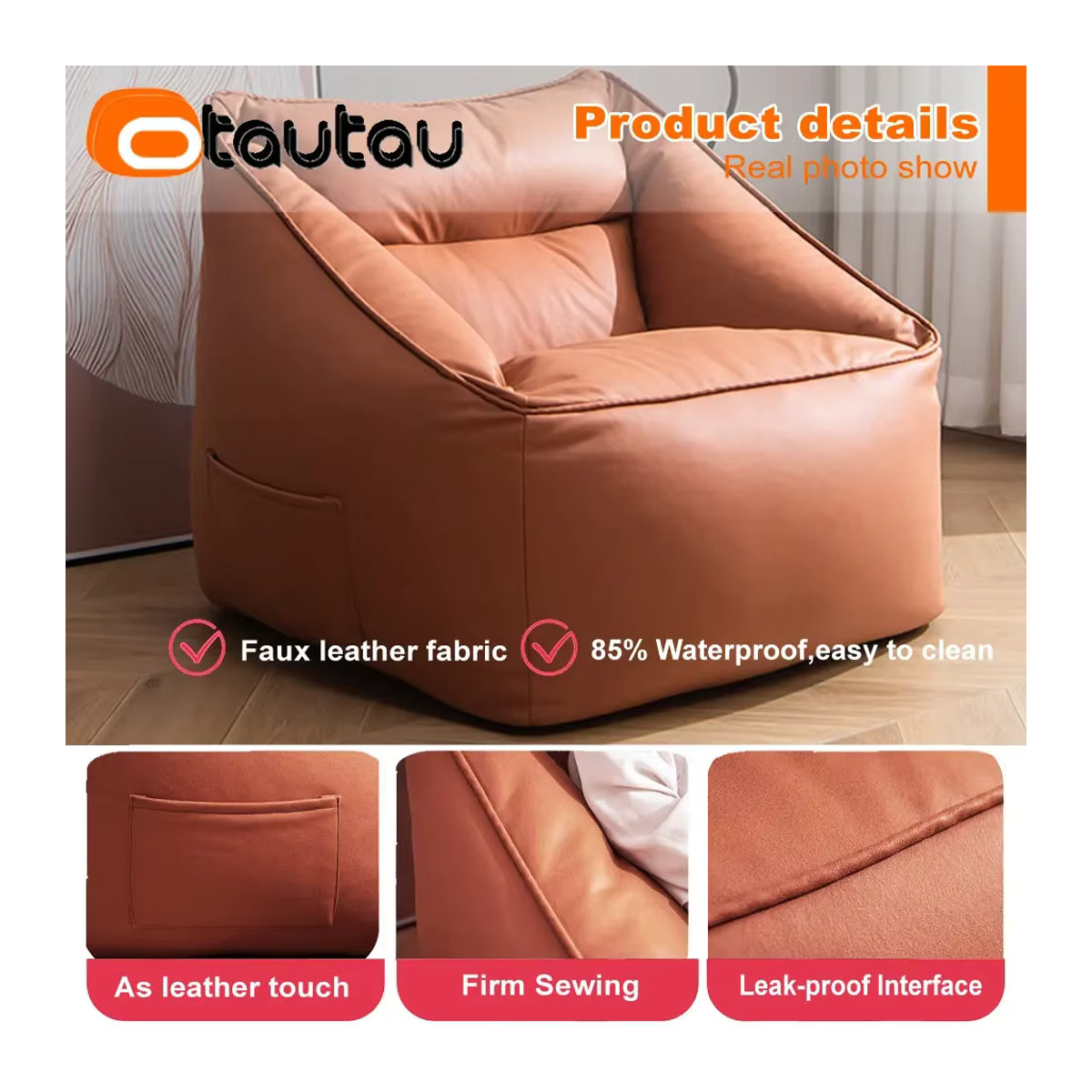 OTAUTAU Sitzsackbezug aus Kunstleder für Erwachsene, Ersatzbezug für Sitzsack, Pouf oder Ottomane, Modell SF054 - Bild 4