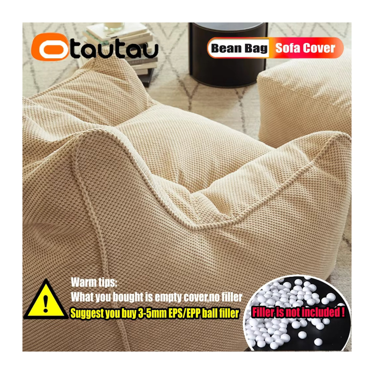 OTAUTAU Weiche Waffel Sitzsack Couch Abdeckung ohne Füllstoff für Boden und Ecke in Grau und Beige SF183 - Bild 4