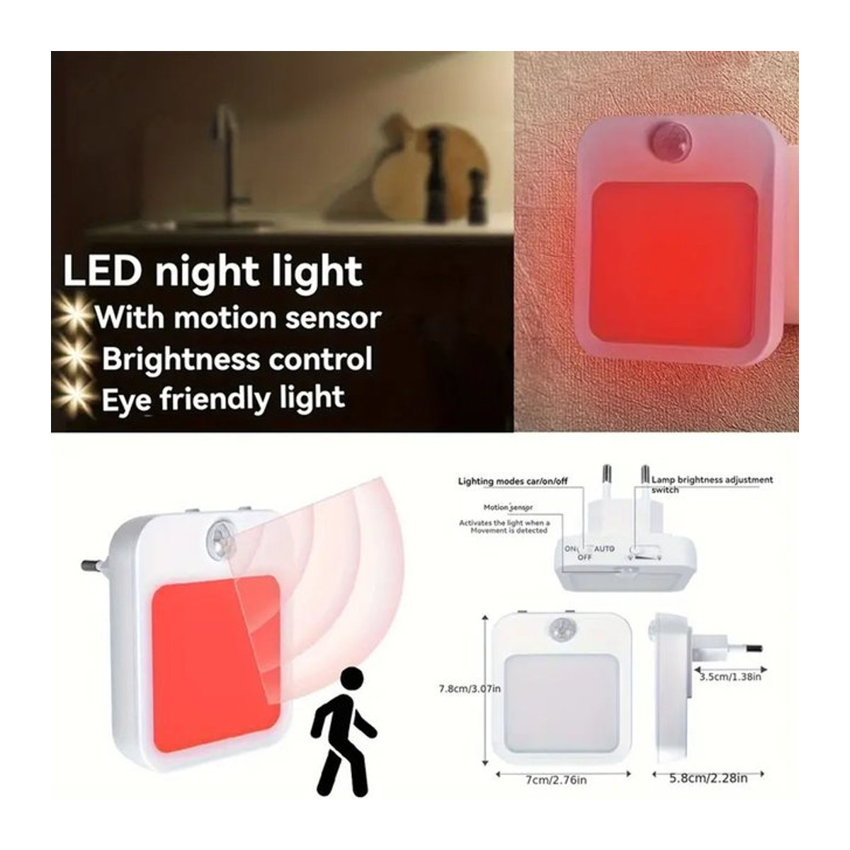 Ouelico Intelligentes Nachtlicht mit Bewegungssensor in Rot, Modernes Design für Schlafzimmer, Badezimmer, Küche und Wohnzimmer - Bild 1