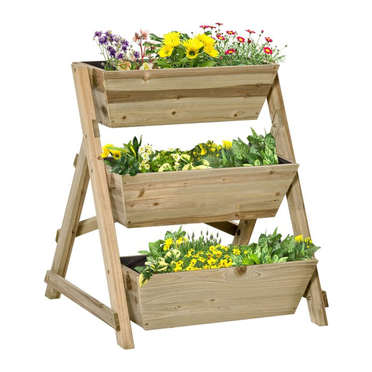 Outsunny Blumenleiter aus Holz als Pflanzentreppe mit 3 Ablagen in Natur und Grün, H x B x T: 77 x 71 x 61 cm - Bild 1