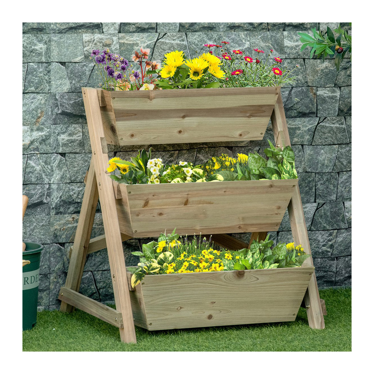Outsunny Blumenleiter aus Holz als Pflanzentreppe mit 3 Ablagen in Natur und Grün, H x B x T: 77 x 71 x 61 cm - Bild 2